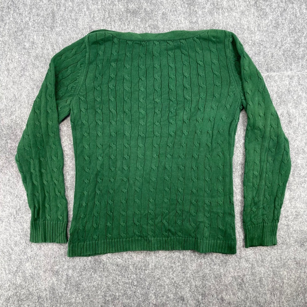 Lauren Ralph Lauren Sweater Extra Large Green Cable Knit Neck Gold Button LRL - Picture 2 of 16